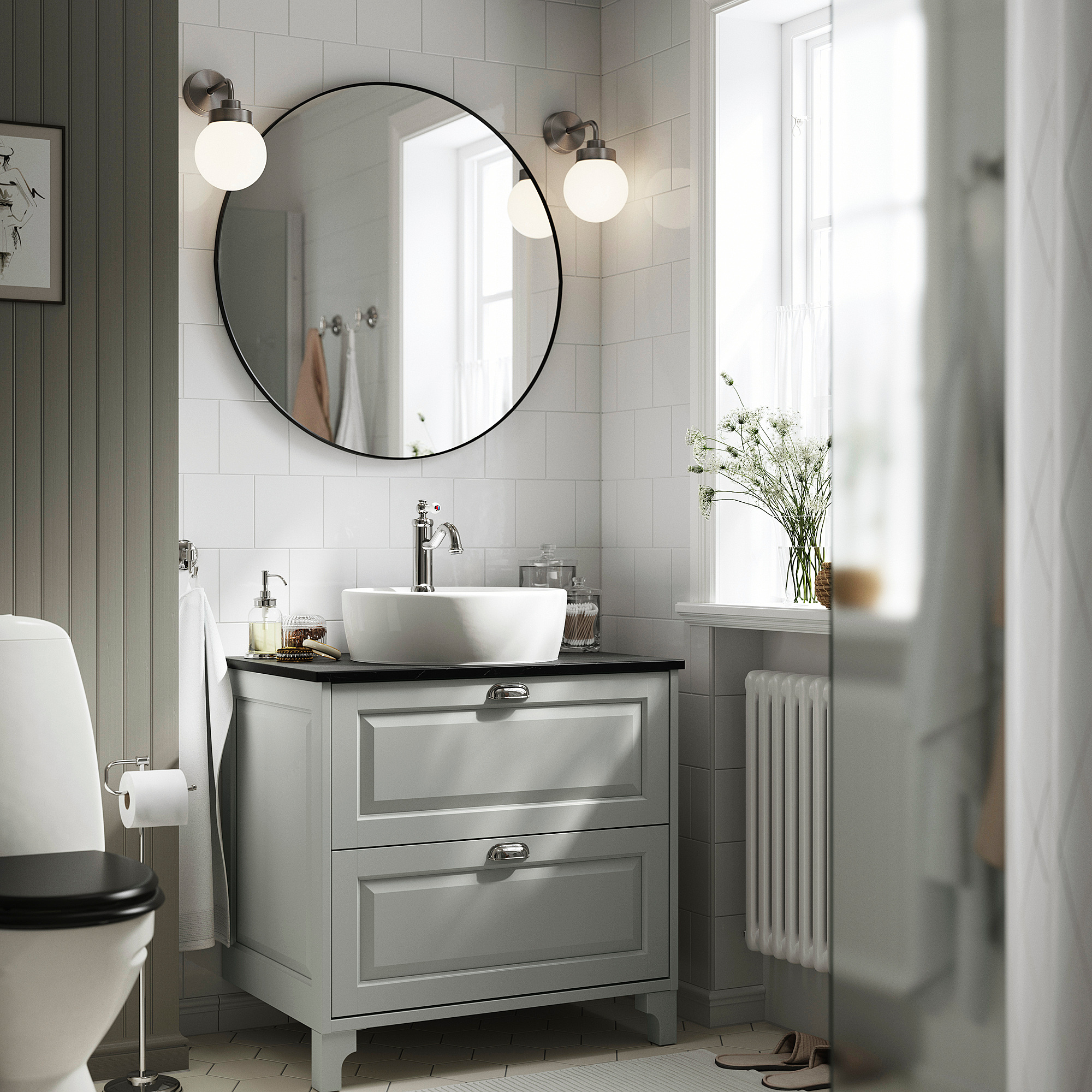 TÄNNFORSEN / TÖRNVIKEN Meuble à tiroirs/lavabo/mitigeur, gris clair/noir marbré, 31x21 1/2x35 7/8 "