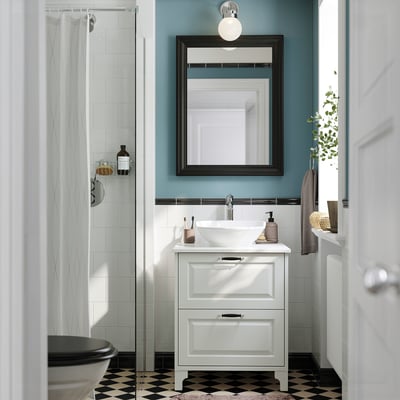 TÄNNFORSEN / VÄSTERSJÖN Meuble à tiroirs/lavabo/mitigeur, blanc/blanc marbré, 25x21 1/2x35 7/8 "