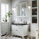 TÄNNFORSEN / VÄSTERSJÖN Meuble à tiroirs/lavabo/mitigeur, blanc/noir marbré, 37x21 1/2x35 7/8 "