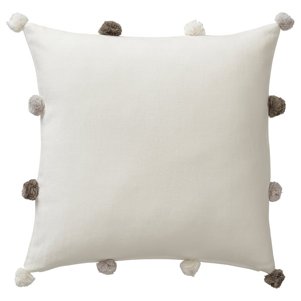 TÅGHAKMAL Housse de coussin, beige/fait main pompon, 20x20 "