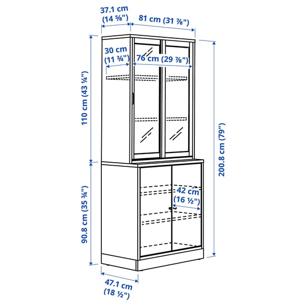 TONSTAD Rangement avec portes vitrées coul, blanc cassé/verre clair, 31 7/8x18 1/2x79 "