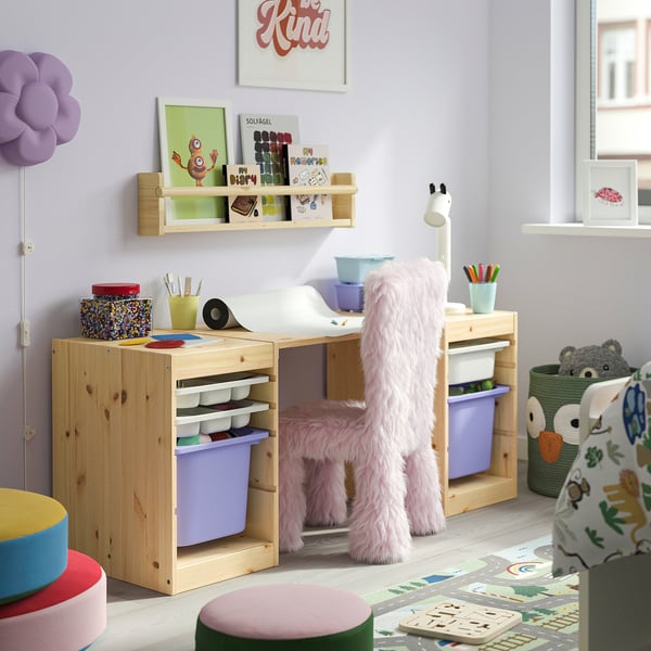 TROFAST Bureau av boîtes/plateaux rangement, pin teinté blanc clair/blanc mauve, 48 7/8x17 3/8x20 1/2 "