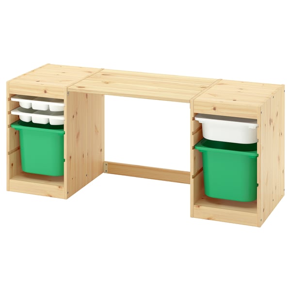 TROFAST Bureau av boîtes/plateaux rangement, pin teinté blanc clair/blanc vert vif, 48 7/8x17 3/8x20 1/2 "