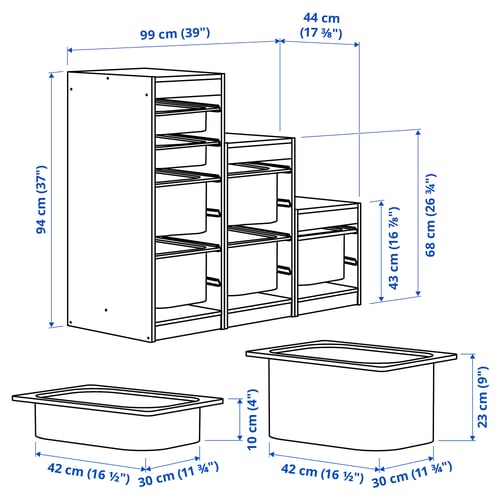 TROFAST Rangement+boîtes, blanc blanc/multicolore, 39x17 3/8x37 "
