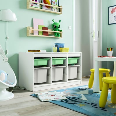 TROFAST Rangement+boîtes, blanc vert clair/gris, 39x17 3/8x22 "