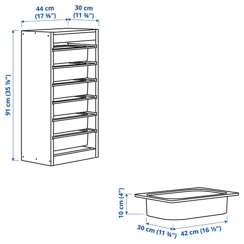 TROFAST Rangement+boîtes, pin teinté blanc clair/blanc, 17 3/8x11 3/4x35 7/8 "
