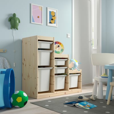 TROFAST Rangement+boîtes, pin teinté blanc clair/blanc, 37x17 3/8x35 7/8 "