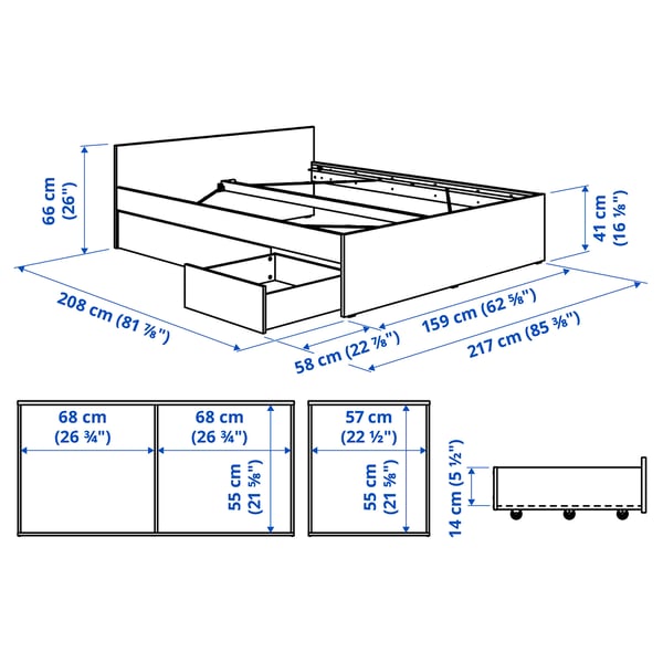 VIHALS Structure de lit +2 coffres, blanc/Luröy, Grand 2 places