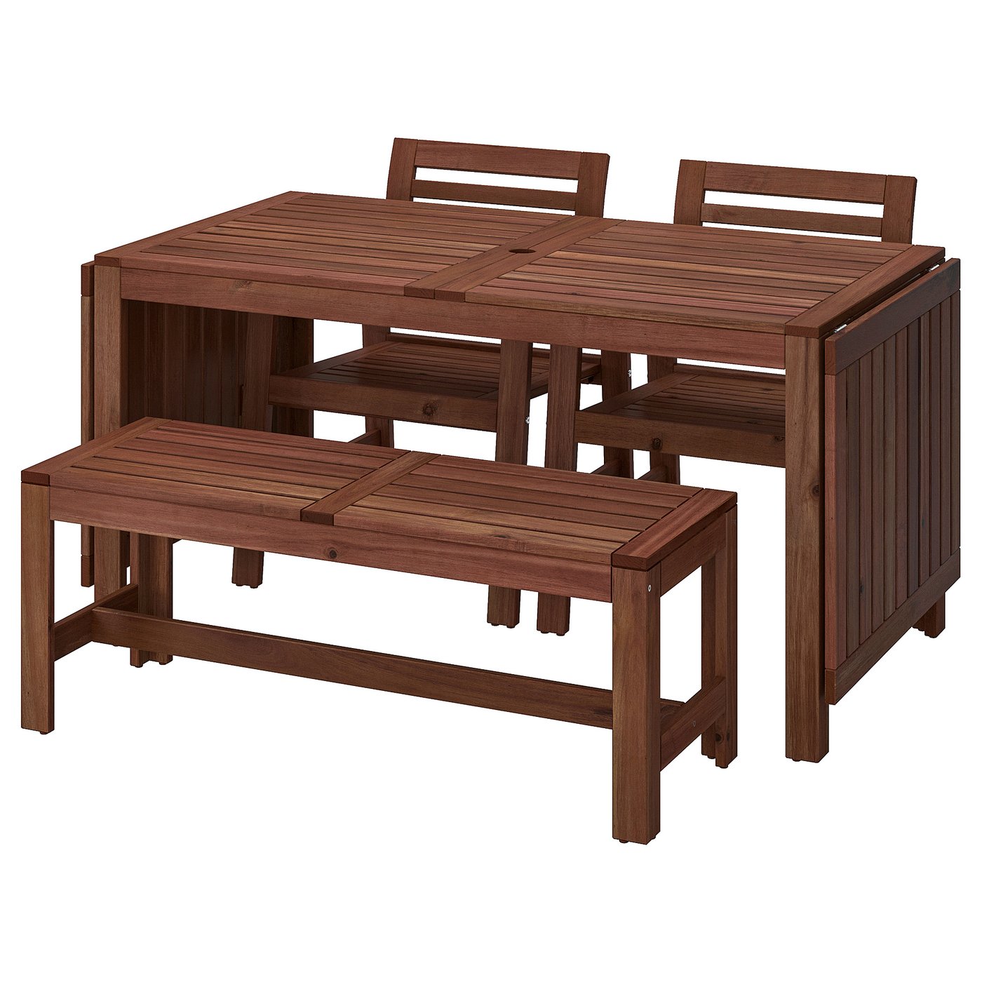 ÄPPLARÖ Tisch+2 Armlehnstühle+Bank/außen - für draußen braun las