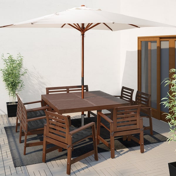 ÄPPLARÖ Tisch+6 Armlehnstühle+Bank/außen - braun las./Hållö schwarz