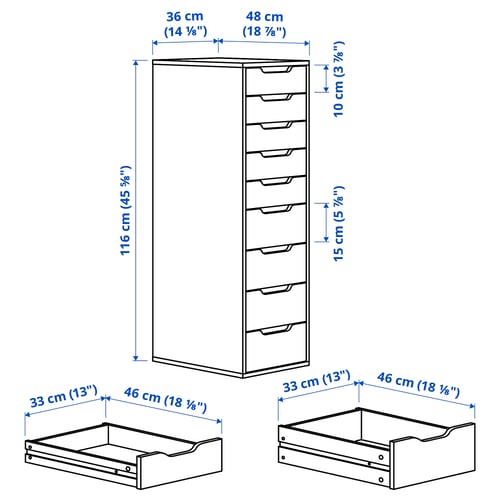 ALEX Schubladenelement, 9 Schubladen, weiss, 36x116 cm IKEA Schweiz