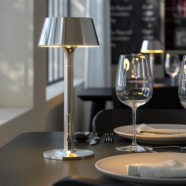 AVHÅLL LED-Leuchte tragbar, batteriebetrieben dimmbar/vernickelt für draußen, 29 cm