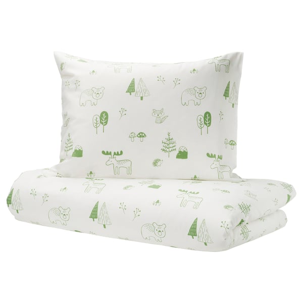 BARNDRÖM Bettwäsche-Set, 2-teilig, weiß grün/Wald, 150x200/50x60 cm