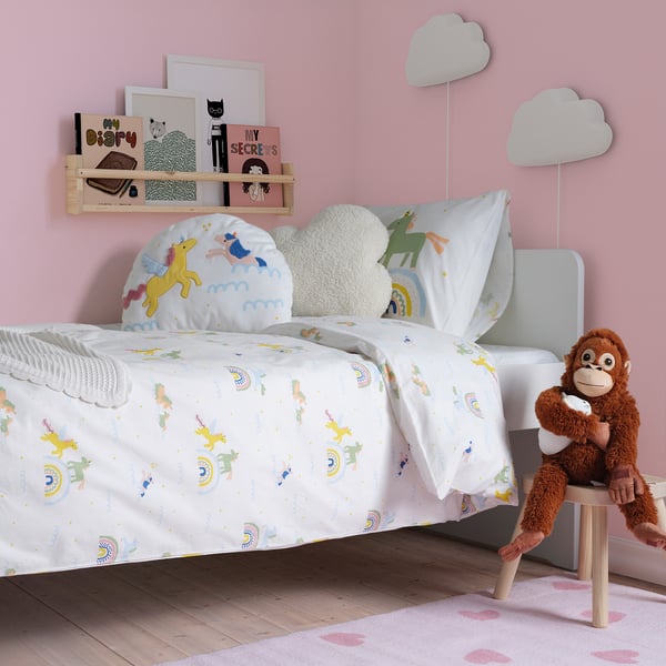 BARNDRÖM Kissen, weiß/Einhorn Regenbogen