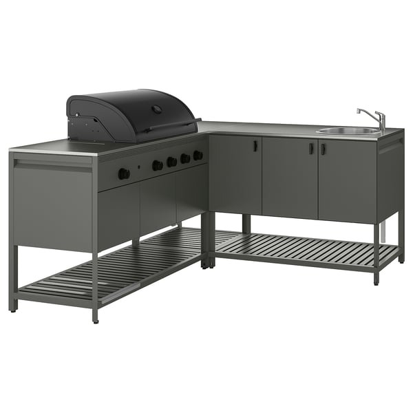 BÅTSKÄR Außenküche m Gasgrill+Spüleneinheit, dunkelgrau, 180x180 cm