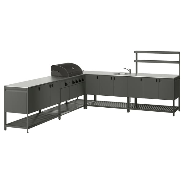 BÅTSKÄR Außenküche m Gasgrill+Spüleneinheit, dunkelgrau, 300x300 cm