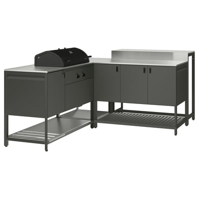 BÅTSKÄR Außenküche m Kohlegrill+Bartisch, dunkelgrau, 220x180 cm