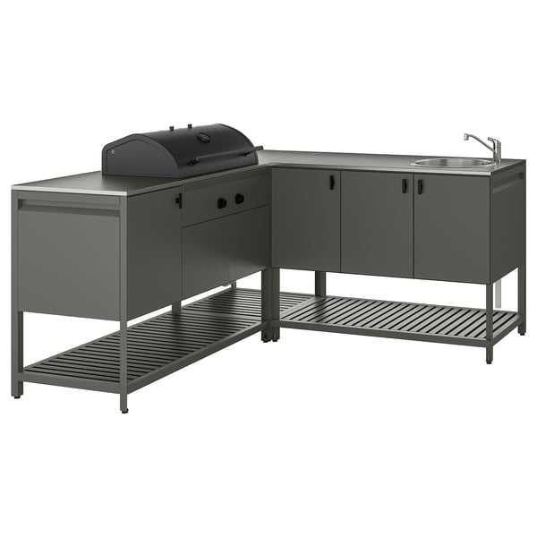 BÅTSKÄR Außenküche m Kohlegrill+Spüleneinh., dunkelgrau, 180x180 cm