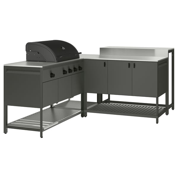 BÅTSKÄR Außenküche mit Gasgrill+Bartisch, dunkelgrau, 220x180 cm