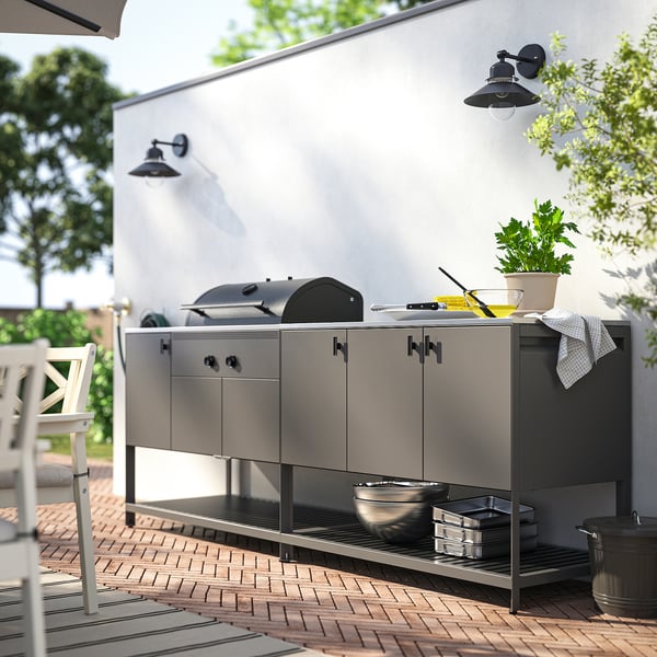 BÅTSKÄR Außenküche mit Kohlegrill, dunkelgrau, 240x60 cm