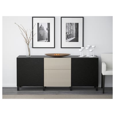 BESTÅ Aufbewahrung mit Schubladen, Laxviken schwarz/Selsviken Hochglanz beige, 180x42x74 cm