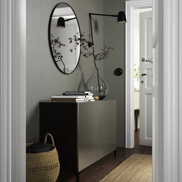 BESTÅ Aufbewahrung mit Türen, schwarzbraun/Riksviken/Nannarp hell bronzefarben, 120x42x74 cm