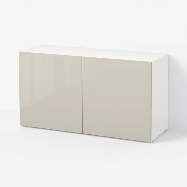 BESTÅ Regal mit Türen, weiß/Selsviken Hochglanz beige, 120x42x64 cm