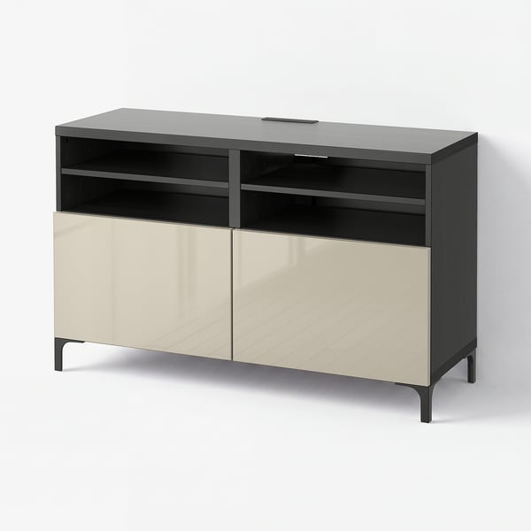 BESTÅ TV-Bank mit Türen, schwarzbraun/Selsviken/Nannarp Hochglanz beige, 120x42x74 cm