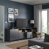 BESTÅ TV-Bank mit Türen und Schubladen, dunkelgrau/Riksviken/Stubbarp gebürsteter dunkler Zinn-Effekt, 240x42x74 cm