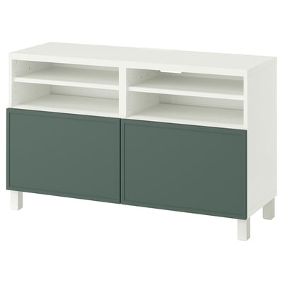 BESTÅ TV-Bank mit Türen, weiß/Krukmakare dunkel graugrün, 120x42x74 cm