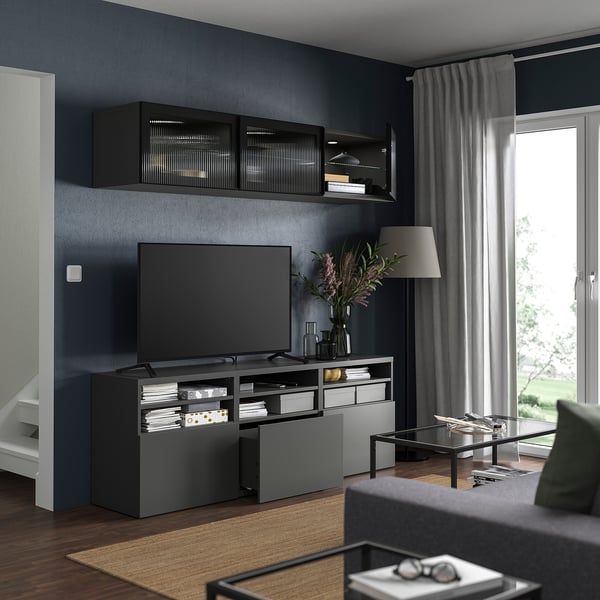 BESTÅ TV-Komb. mit Vitrinentüren, dunkelgrau Lappviken/Fällsvik anthrazit, 180x42x192 cm
