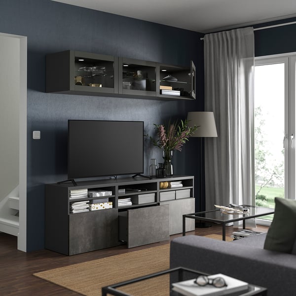BESTÅ TV-Komb. mit Vitrinentüren, dunkelgrau Sindvik/Kallviken dunkelgrau, 180x42x192 cm