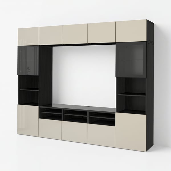 BESTÅ TV-Komb. mit Vitrinentüren, schwarzbraun/Selsviken Hochgl beige Klargl, 300x42x231 cm