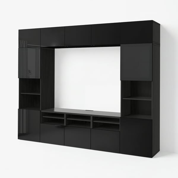 BESTÅ TV-Komb. mit Vitrinentüren, schwarzbraun/Selsviken Hochglanz/Rauchglas schwarz, 300x42x231 cm
