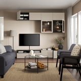 BESTÅ TV-Komb. mit Vitrinentüren, schwarzbraun Sindvik/Lappviken hellgrau/beige, 240x42x231 cm