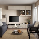 BESTÅ TV-Komb. mit Vitrinentüren, schwarzbraun Sindvik/Lappviken hellgrau/beige, 240x42x231 cm