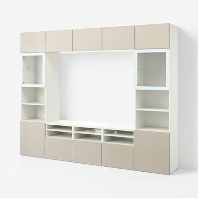 BESTÅ TV-Komb. mit Vitrinentüren, weiß/Selsviken Hochgl beige Klargl, 300x42x231 cm