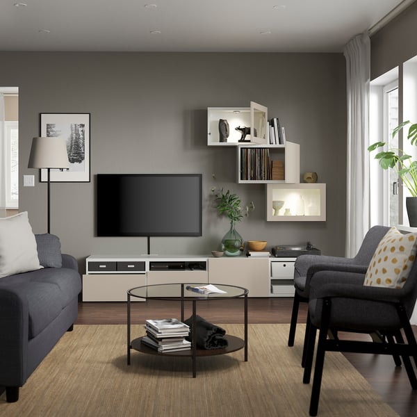BESTÅ TV-Komb. mit Vitrinentüren, weiß Sindvik/Lappviken helles Graubeige, 240x42x190 cm