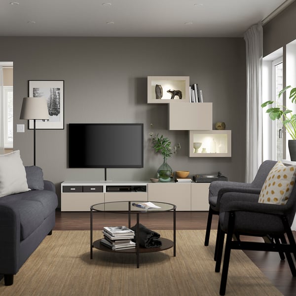 BESTÅ TV-Komb. mit Vitrinentüren, weiß Sindvik/Lappviken helles Graubeige, 240x42x190 cm