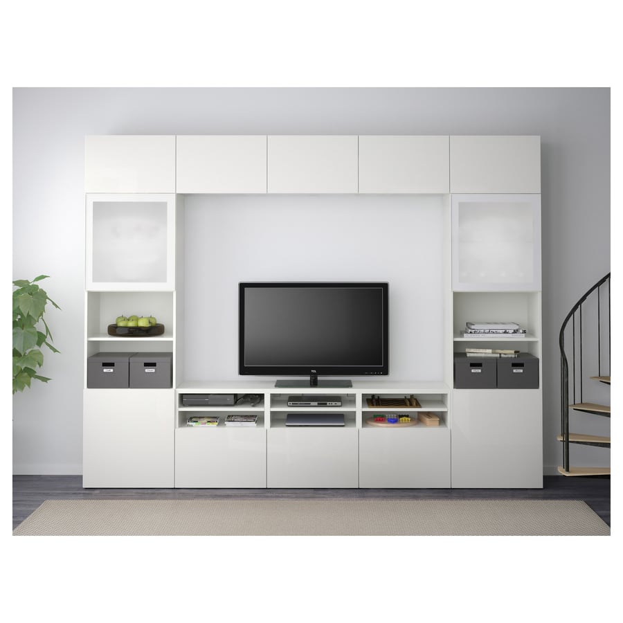 BESTÅ TV-Komb. mit Vitrinentüren - weiß, Selsviken Hochglanz/Frostglas