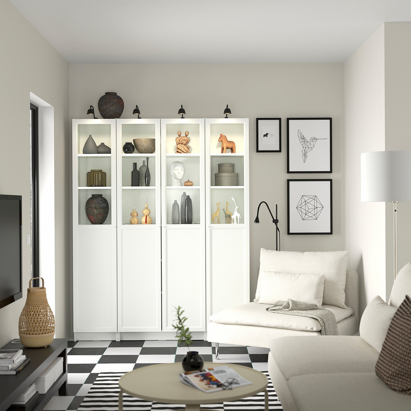 BILLY / OXBERG Regalkombi. mit Paneel-/Vitrtüren, weiß, 160x202 cm