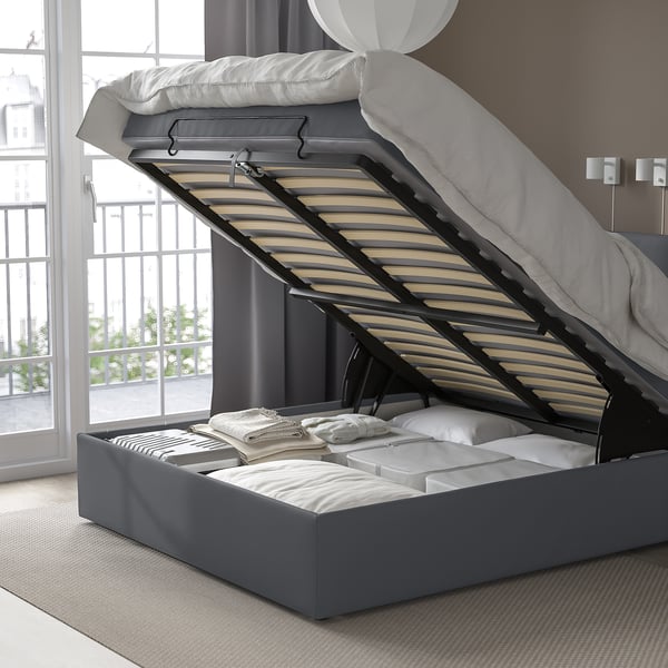 BLÅFJÄLLET Gestell-Set Boxbett+Aufbewah., mit Kopfteil, Beinen und Bezug Kabusa/dunkelgrau, 140x200 cm