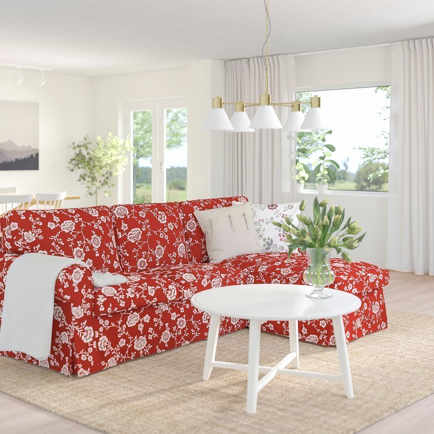 EKTORP 3erSofa mit Récamiere, Virestad rot/weiß IKEA Schweiz