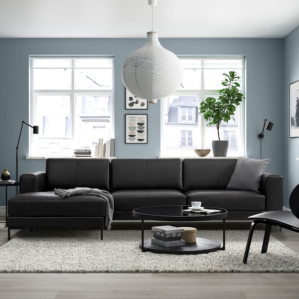 FULLERÖ 4er-Sofa mit Récamiere, links Grann/schwarz/Metall