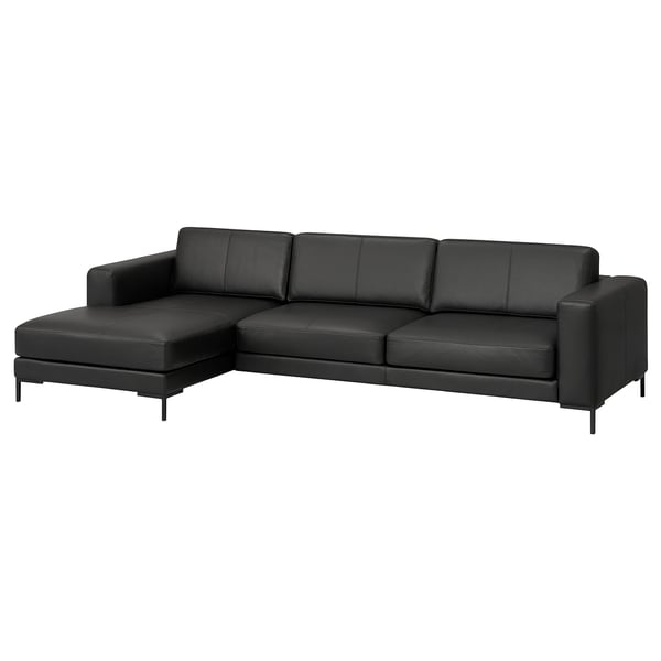 FULLERÖ 4er-Sofa mit Récamiere, links Grann/schwarz/Metall