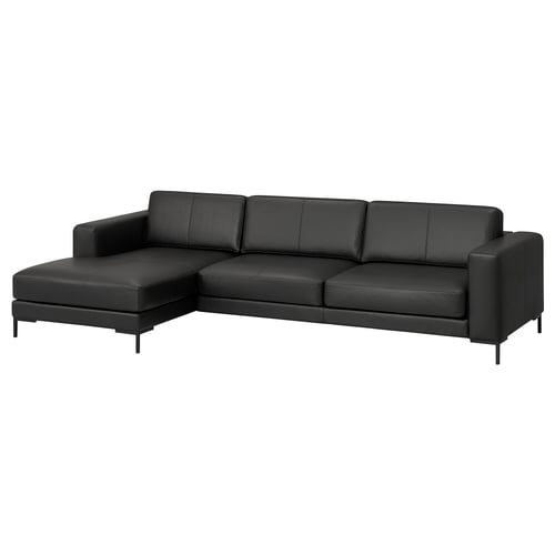 FULLERÖ 4er-Sofa mit Récamiere, links Grann/schwarz/Metall