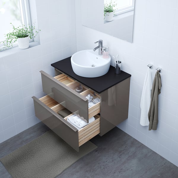 GODMORGON Waschbeckenschrank/2 Schubl., Hochglanz grau, 80x47x58 cm