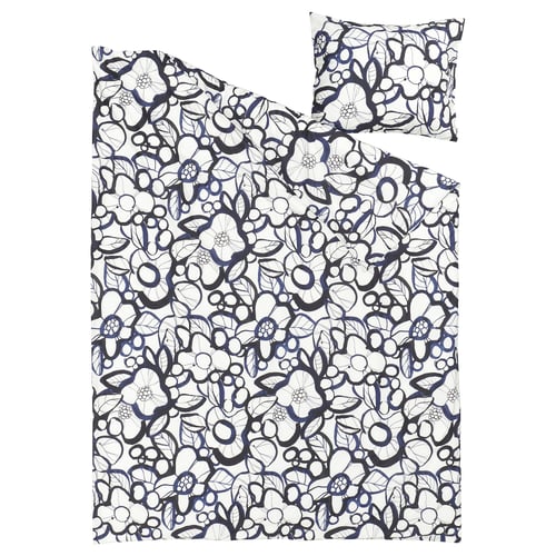 HÄRLIR Bettwäsche-Set, 2-teilig, weiß schwarz/blau Blumenmuster, 150x200/50x60 cm