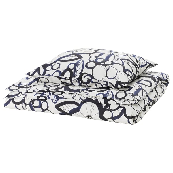 HÄRLIR Bettwäsche-Set, 2-teilig, weiß schwarz/blau Blumenmuster, 150x200/50x60 cm