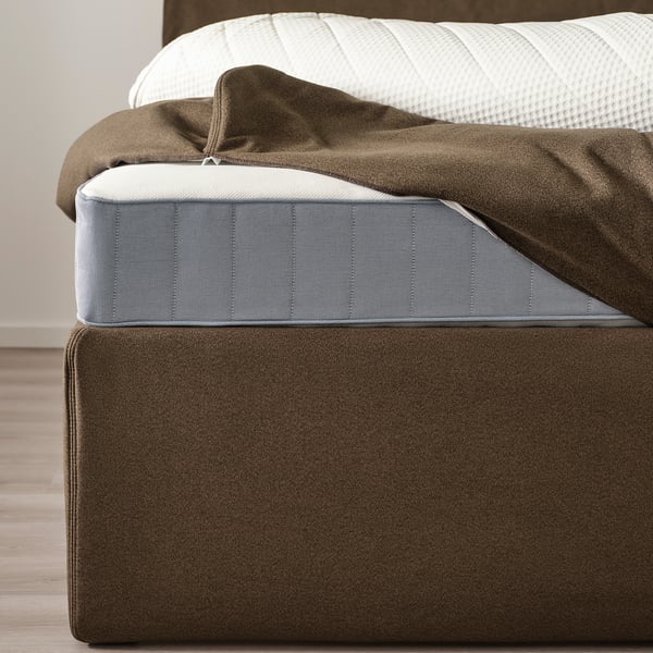 HEMFJÄLLET Boxspringbett mit Bettkasten, Vesteröy fest/mittelfest/Näsfjället Tonerud dunkel graubraun, 180x200 cm